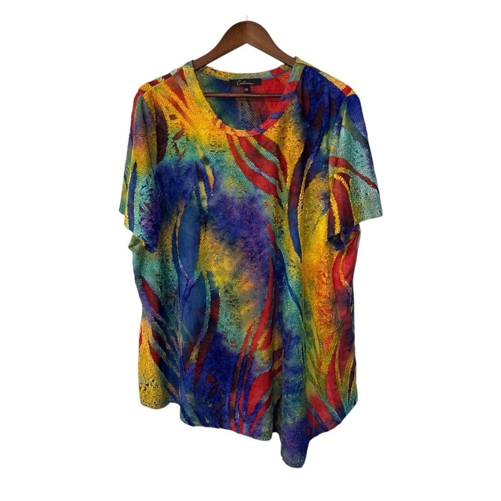 Calessa blouse women's 2X colorful burnout art boho tropical floral asymmetrical
